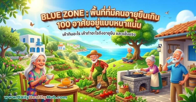 ภาพการ์ตูน 3D สไตล์สดใส แสดงกิจกรรมของกลุ่มผู้สูงอายุในพื้นที่ Blue Zone เช่น การดื่มชาขมิ้น ทำสวน นั่งสมาธิ ทำอาหารสุขภาพ และดื่มน้ำสะอาด ท่ามกลางทิวทัศน์ธรรมชาติที่สวยงาม