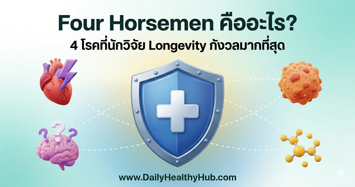 ภาพการ์ตูน 3D สีสันสดใสแสดง Four Horsemen 4 โรคหลักที่นักวิจัย Longevity กังวลมากที่สุด