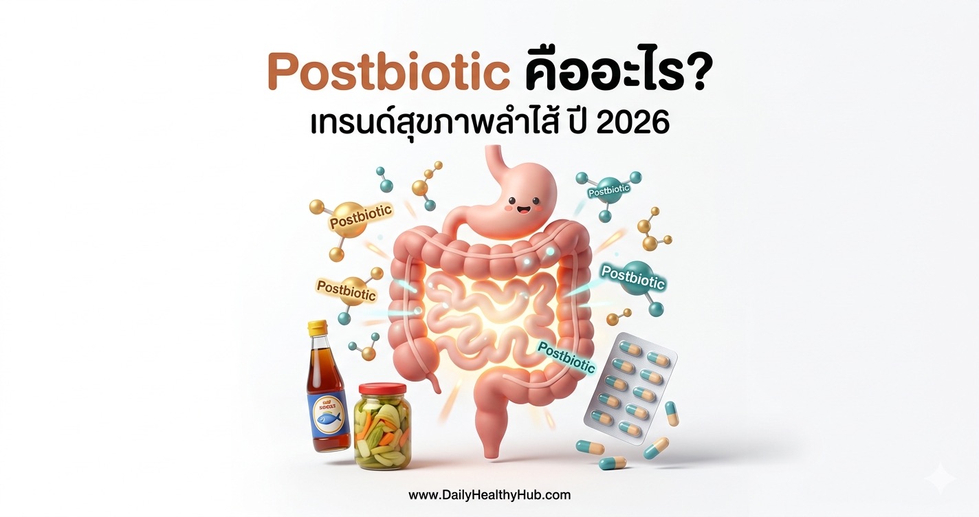 Postbiotic คืออะไร ภาพการ์ตูน 3D แสดงลำไส้สุขภาพดีพร้อมโมเลกุล SCFAs และ Butyrate