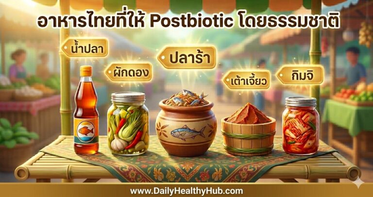 อาหารไทยที่มี Postbiotic ภาพการ์ตูน 3D แสดงปลาร้า ผักดอง น้ำปลา และกิมจิบนโต๊ะอาหารไทย
