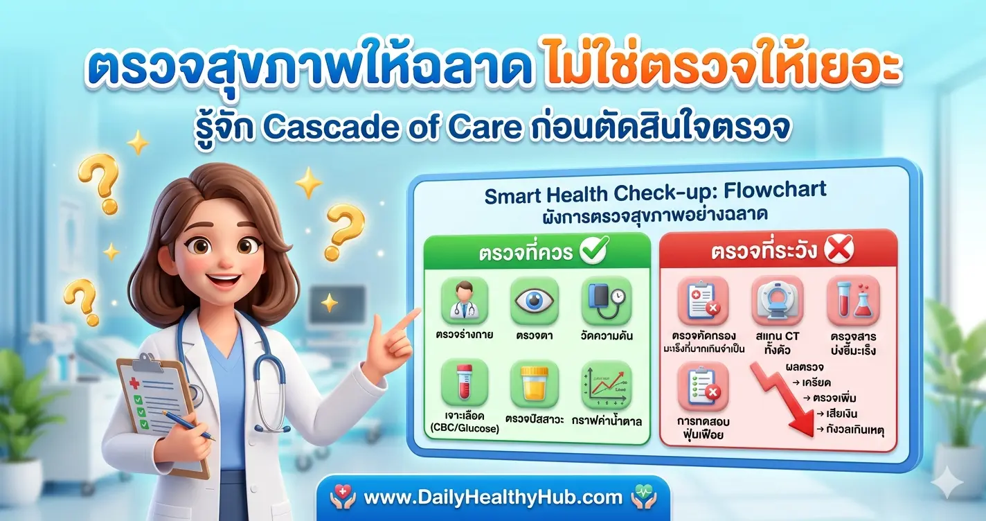 อินโฟกราฟิกการ์ตูน 3D แสดงการตรวจสุขภาพอย่างฉลาด พร้อมสัญลักษณ์ checkmark และ X แยกการตรวจที่ควรและไม่ควรทำ — DailyHealthyHub.com
